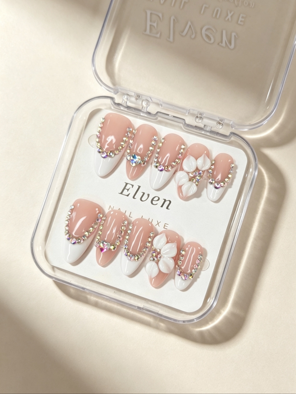 Luxury Handmade Press On Nails White French Tip and Rhinestones Almond Shape